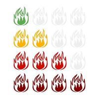 Spicy hot indicator on the rise isolated on white background. Sticker different color fire for menu restaurant in flat style. vector