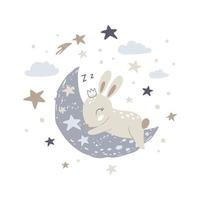 Cute bunny sleeping on the moon. Vector Illustration