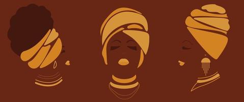 Vector illustration of African woman faces with gold accesories and turbans in minimal abstract style. Fashion illustration and abstract poster. Beauty and modern art