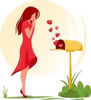 A girl received a love message. Opened post box with hearts flying away and surprised woman. Vector illustration concept of love letters, cartoon style