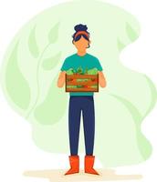 chica granjera con caja de madera llena de verduras frescas. concepto de ilustración para la temporada de cosecha en la industria agrícola. ilustración vectorial vector