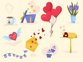 Valentine's day elements set. Gift, heart, balloon, sweets, letter, flower, love message, and others for decorative. Sticker cartoon style. Vector illustration