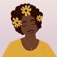 Black skined girl portrait with bright yellow flowers in curly hair. Vector illustration in flat style. Fashion illustration concept