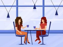 Friends drink tea together in a cafe vector illustration. Young women gossiping while spending time in cafeteria isolated. People enjoying a coffee break in a public place are sitting at the table