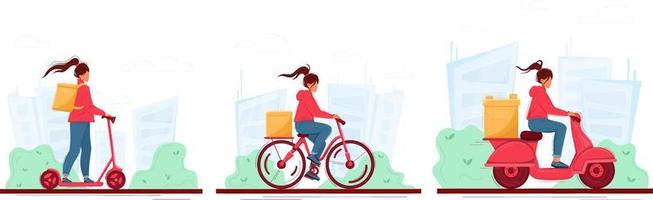 Courier girl with yellow thermobox on two wheeled transport. Girl on kick scooter and bike and motorbike delivering order. Fast delivery service in urban city. Set of vector illustration