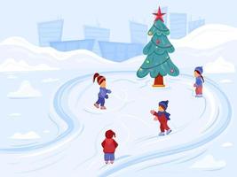 Ice skating rink with big christmas tree and children skating around on winter city background. Winter holiday scene. Vector illustration with kids skating in snowy landscape
