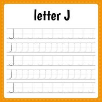 Writing letters. Tracing page. Practice sheet. Worksheet for kids. Learn alphabet. Letter J vector