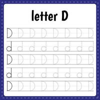 Writing letters. Tracing page. Practice sheet. Worksheet for kids. Learn alphabet. Letter D vector