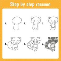 Drawing lesson for children. How draw a raccoon. Drawing tutorial. Step by step repeats the picture. Kids activity art page for book. Vector illustration.