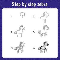 Drawing lesson for children. How draw a zebra. Drawing tutorial for kids. Step by step repeats the picture. Kids activity art page for book. Vector illustration.