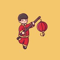 cute chines boy holding lanterns vector