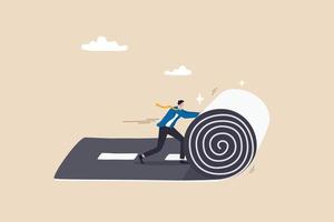 Develop career path or create success way, begin new road to achieve target or entrepreneur plan ahead way their own way concept, confident businessman rolling the road carpet to walk to success. vector
