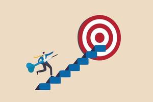 Success step to reach business goal, growing journey or aiming to reach target, ambition or challenge concept, cheerful businessman carrying dart step on stairway to reach dartboard bullseye. vector