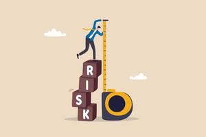 Risk assessment, analyze potential danger level, measure money loss acceptable for investing, control or limit loss concept, businessman investor stand on stack of risk boxes measure his assessment. vector