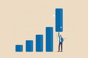 Growth or improvement, increase sales or revenue raising, growing business or develop marketing plan to help gain more profit concept, confident businessman help lift up bar graph to new high level. vector