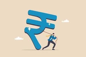 Indian investment opportunity, India economics or financial policy, budget, currency or wages and income concept, success businessman investor pulling large Indian rupee money symbol.
