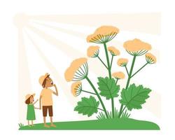 Illustration on isolated background with kids looking at dangerous hogweed vector