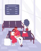 Young couple listening to music while sitting in the waiting room or airport terminal vector