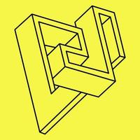 Impossible shapes. Sacred geometry figure. Optical illusion. Abstract eternal geometric objects. Impossible endless outline. Line art. Optical art. Impossible geometry shape on a yellow background. vector