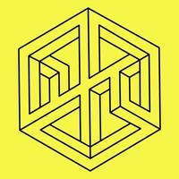 Impossible shapes. Sacred geometry. Optical illusion. line art. Abstract eternal geometric object. Impossible endless outline. Op art. Impossible geometry shape on a yellow background. vector