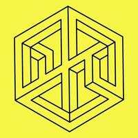 Impossible shapes. Sacred geometry. Optical illusion. line art. Abstract eternal geometric object. Impossible endless outline. Op art. Impossible geometry shape on a yellow background. vector