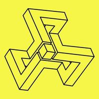 Impossible shapes. Sacred geometry figure. Optical illusion. Abstract eternal geometric object. Impossible endless outline. Optical art. Impossible geometry shape on a yellow background. Line art. vector