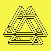 Impossible shape. Sacred geometry figure. Optical illusion. Abstract eternal geometric object. Impossible endless outline triangle. Op art. Impossible geometry symbol on a yellow background. Line art. vector