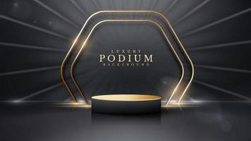 Product display podium and gold frame with light rays and bokeh decoration. Black luxury background. vector