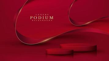 Red product podium with ribbon elements and gold lines with glitter light effect decoration. vector