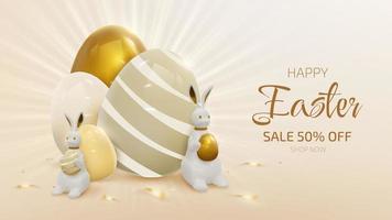 Happy easter with golden egg elements and ribbon with realistic rabbit with light rays effects decorations. 3d luxury style background. vector