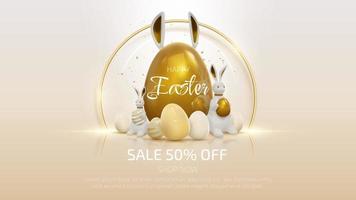 Realistic 3d rabbit with easter golden egg elements with ribbon decorations. vector