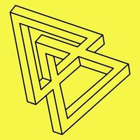Impossible shapes. Sacred geometry. Optical illusion figure. Abstract eternal geometric object. Impossible endless outline. Optical art. Impossible geometry shape on a yellow background. Line art. vector