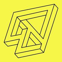 forma de ilusión óptica, figura imposible, líneas negras sobre fondo amarillo, objeto de arte óptico. geometría. vector