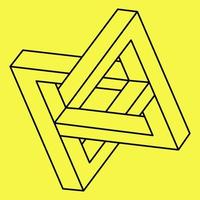 Impossible shape. Optical illusion. Linear infinite figure. Abstract eternal geometric object. Impossible endless outline. Impossible geometry symbol on a yellow background. vector