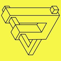 Impossible shapes. Sacred geometry triangle. Optical illusion figure. Abstract eternal geometric object. Impossible endless outline. Line art. Op art. Impossible geometry shape on a yellow background. vector