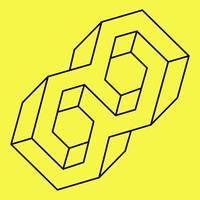 Impossible shapes. Sacred geometry. Optical illusion figure. Abstract eternal geometric object. Impossible endless outline shape. Op art. Impossible geometry symbol on a yellow background. vector