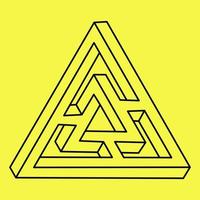 Impossible shapes. Sacred geometry figure. Optical illusion triangle. Abstract eternal geometric object. Impossible endless outline. Line art. Op art. Impossible geometry shape on a yellow background. vector