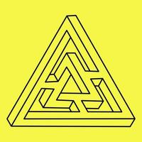 Impossible shapes. Sacred geometry figure. Optical illusion triangle. Abstract eternal geometric object. Impossible endless outline. Line art. Op art. Impossible geometry shape on a yellow background. vector