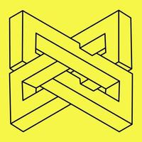 Impossible shapes. Sacred geometry figure. Optical illusion. Abstract eternal geometric object. Impossible endless outline. Line design. Optical art. Impossible geometry shape on a yellow background. vector