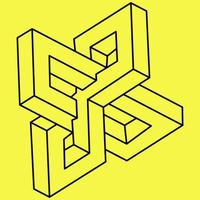 Impossible shapes. Optical illusion. Linear infinite object. Abstract eternal geometric figure. Impossible geometry sign outline, yellow background. Op art. vector