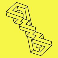 Impossible shapes. Sacred geometry figure. Optical illusion. Abstract eternal geometric objects. Impossible endless outline. Op art. Impossible geometry shape on a yellow background. vector