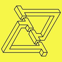 Impossible shapes. Sacred geometry figures. Optical illusion object. Abstract eternal geometric element. Impossible endless outline. Line art. Op art. Impossible geometry shape on a yellow background. vector