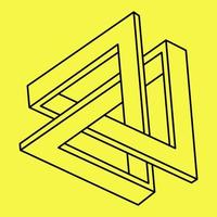 Impossible shapes. Sacred geometry figures. Optical illusion. Abstract eternal geometric object. Impossible endless outline. Line art. Optical art. Impossible geometry shape on a yellow background. vector