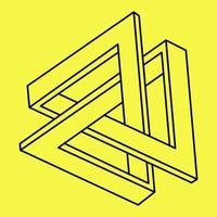 Impossible shapes. Sacred geometry figures. Optical illusion. Abstract eternal geometric object. Impossible endless outline. Line art. Optical art. Impossible geometry shape on a yellow background. vector