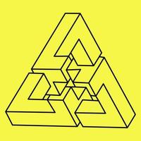 Impossible shapes. Sacred geometry triangle. Optical illusion figure. Abstract eternal geometric object. Impossible endless outline. Line art. Op art. Impossible geometry shape on a yellow background. vector