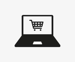 portátil con icono de vector de carrito de compras aislado sobre fondo blanco. las compras en línea