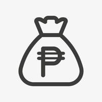 Philippine peso icon. Sack with cash isolated on white background. Money bag outline icon vector pictogram. Philippine currency symbol