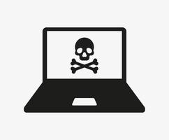 Laptop with virus vector icon isolated on white background. Infected computer symbol. Hacked PC. Skull and crossbones