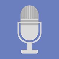 Old studio microphone vector illustration isolated on blue background. Microphone icon vector. Radio stand retro vintage microphone. Music, sound, voice, song, podcast symbol. Cartoon style microphone