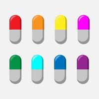 Pill vector illustration isolated on white background. Tablet capsule icon. Set of drug signs in eight colors